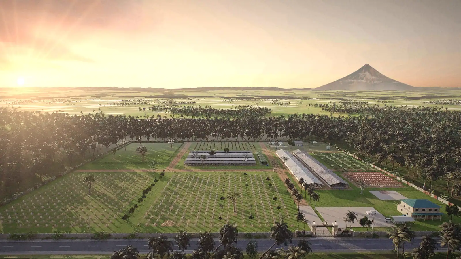 A walled gamefarm seen from the air at sunrise, with the mountain behind it